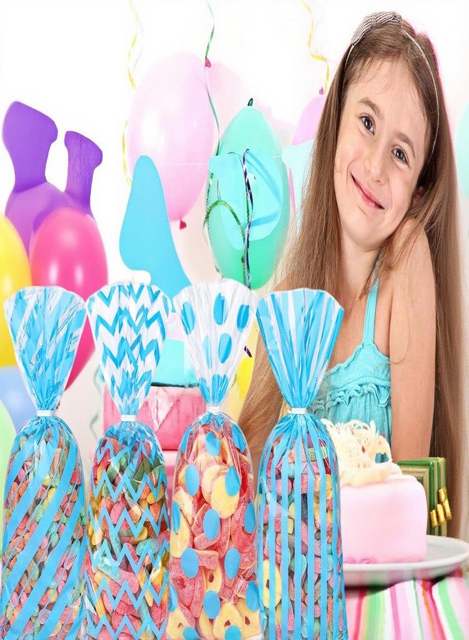 Capesaro 50 Pieces 10.6 x 5.1 In Blue Cellophane Treat Bags Candy Gift Bag with Twist Ties Stripes Polka Dot Printed Pattern Goodie Bag for Birthday Weddings Party Favors - Image 3